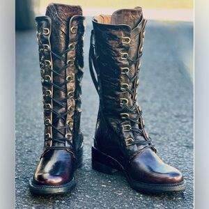 A.S.98 STEWARD PURPLE GRAPE GLAZE RUB OFF ITALIAN LEATHER 12" LACED BIKER BOOT